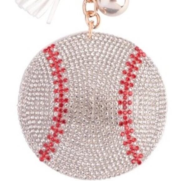 White Red Baseball Crystal Keychain Keyring Bag Charm - Picture 2 of 3